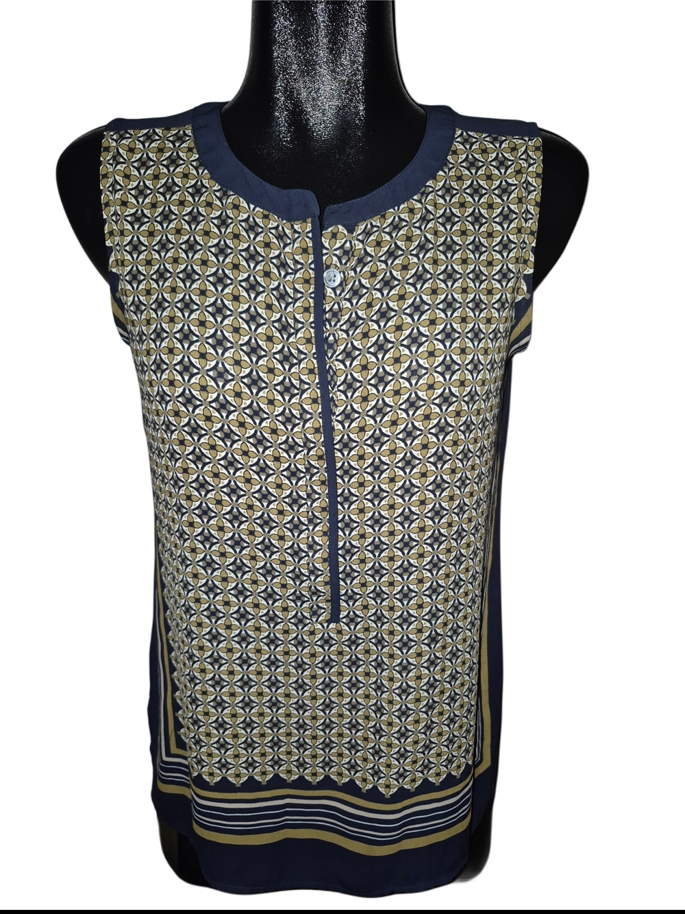Loft Sleeveless Navy And Taupe Geometric Print Button-Up Neckline Top Size S